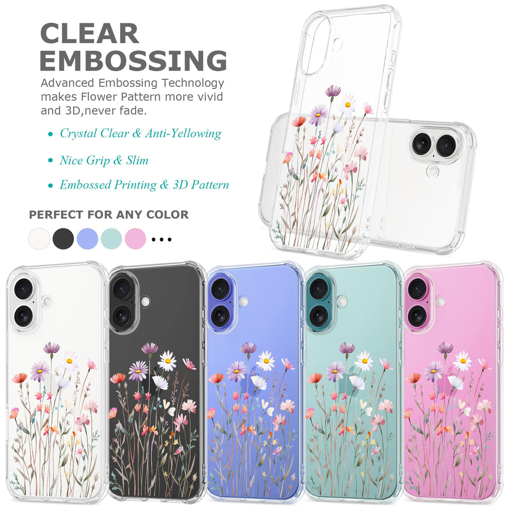 Clear Case for iPhone 16 for Women Girls,Cute Flowers Design Phone Cover,