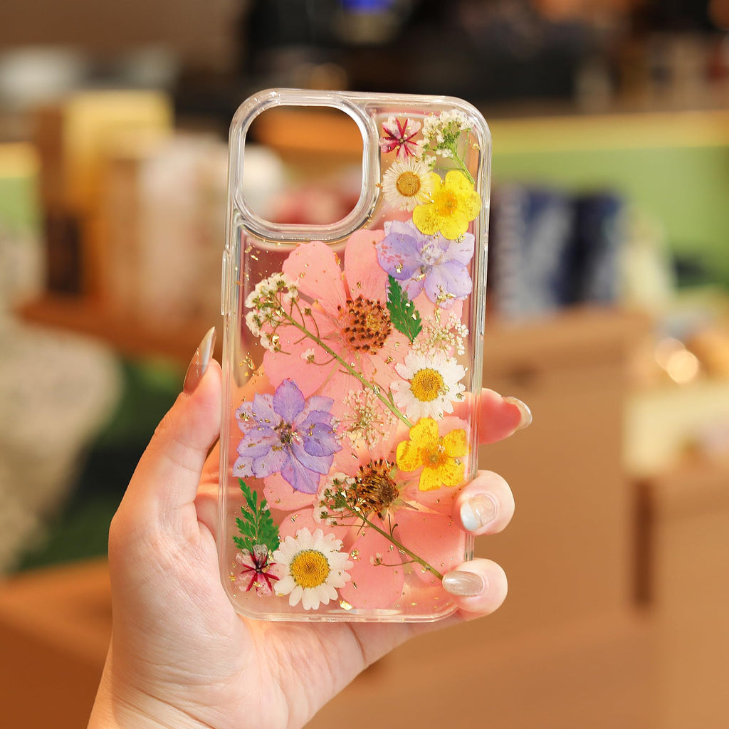 15 Plus Clear Case,Aesthetic Floral Phone Case with Pressed Real Flowers