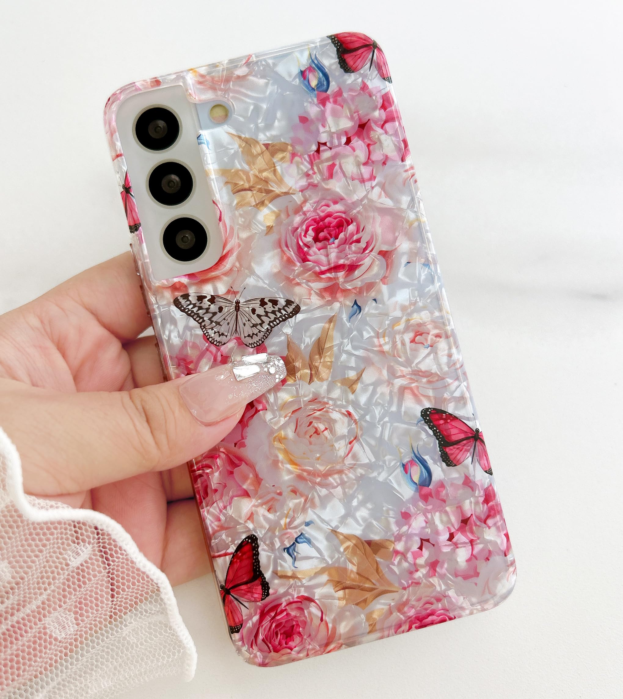 for Galaxy S22 5G Case 6.1",Cute Crystal Clear Floral Shell Pattern Design for G