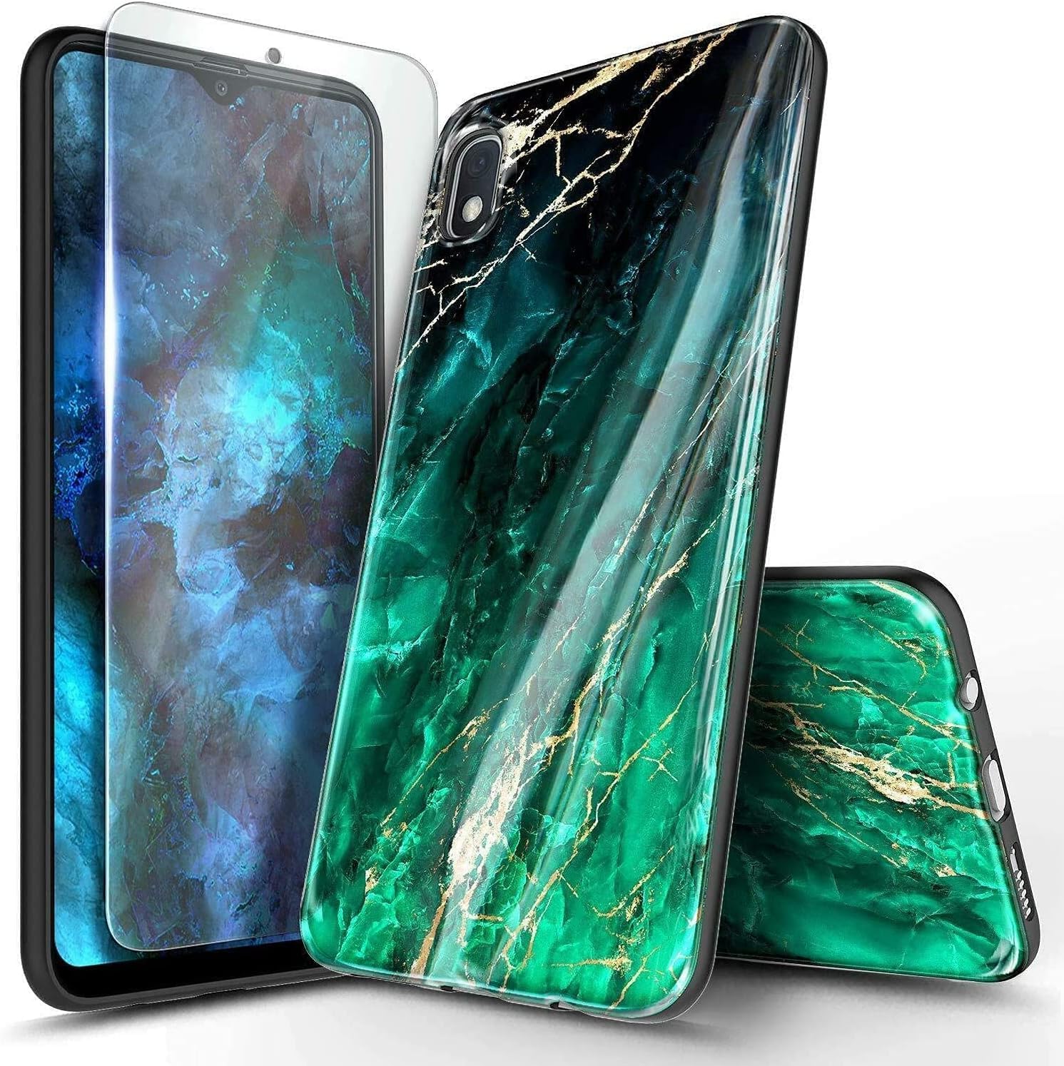 Compatible with Samsung Galaxy A50 Phone Case, Marble Green | with Tempered Glas
