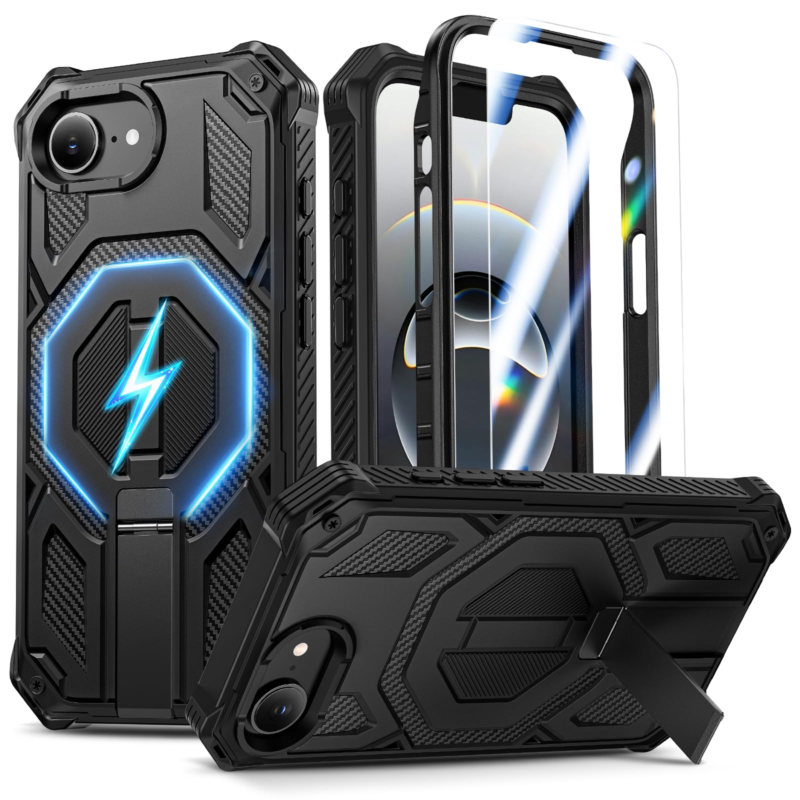 iPhone 17e Case/iPhone 16e Case with Screen Protector & Invisible Kickstand,