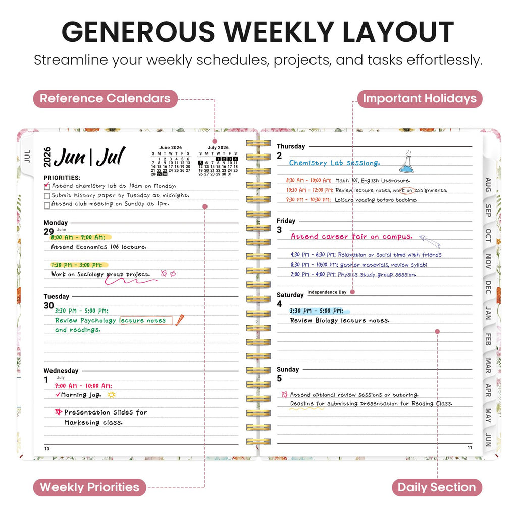 Academic Year Monthly and Weekly Calendar Planner, Jul 2026 - Jun 202