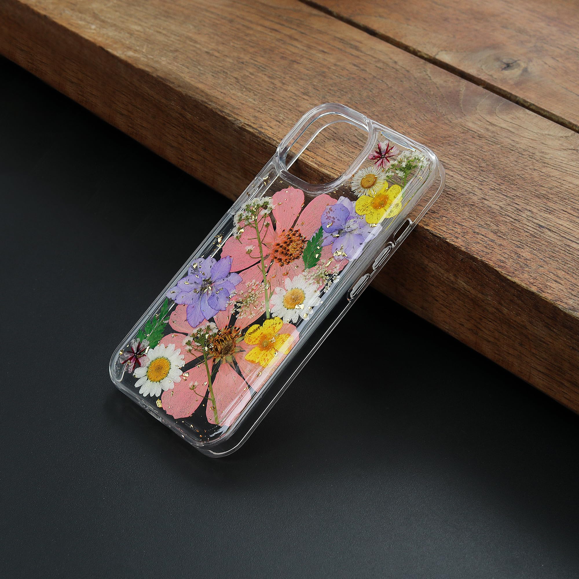 15 Plus Clear Case,Aesthetic Floral Phone Case with Pressed Real Flowers