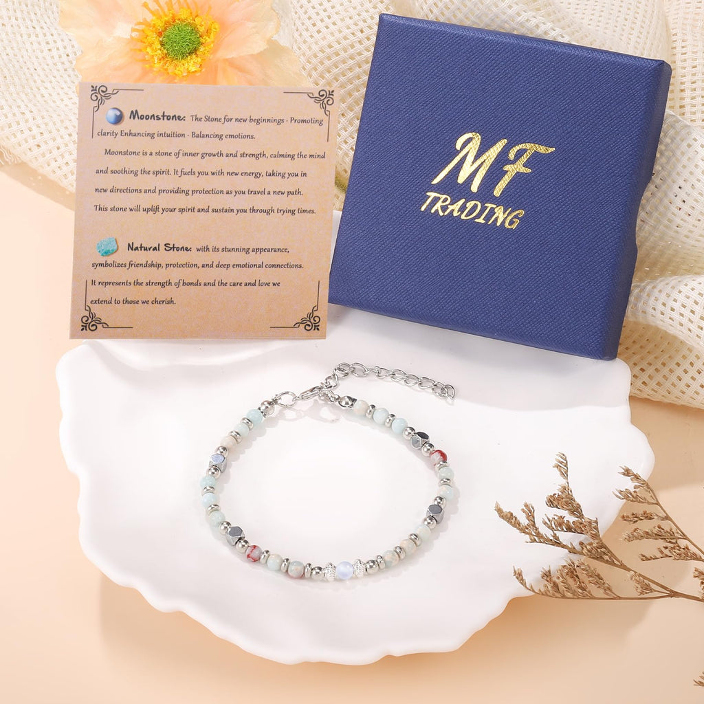 Moonstone Beaded Bracelet for Women - Adjustable Silver Boho Healing Crystal Jew
