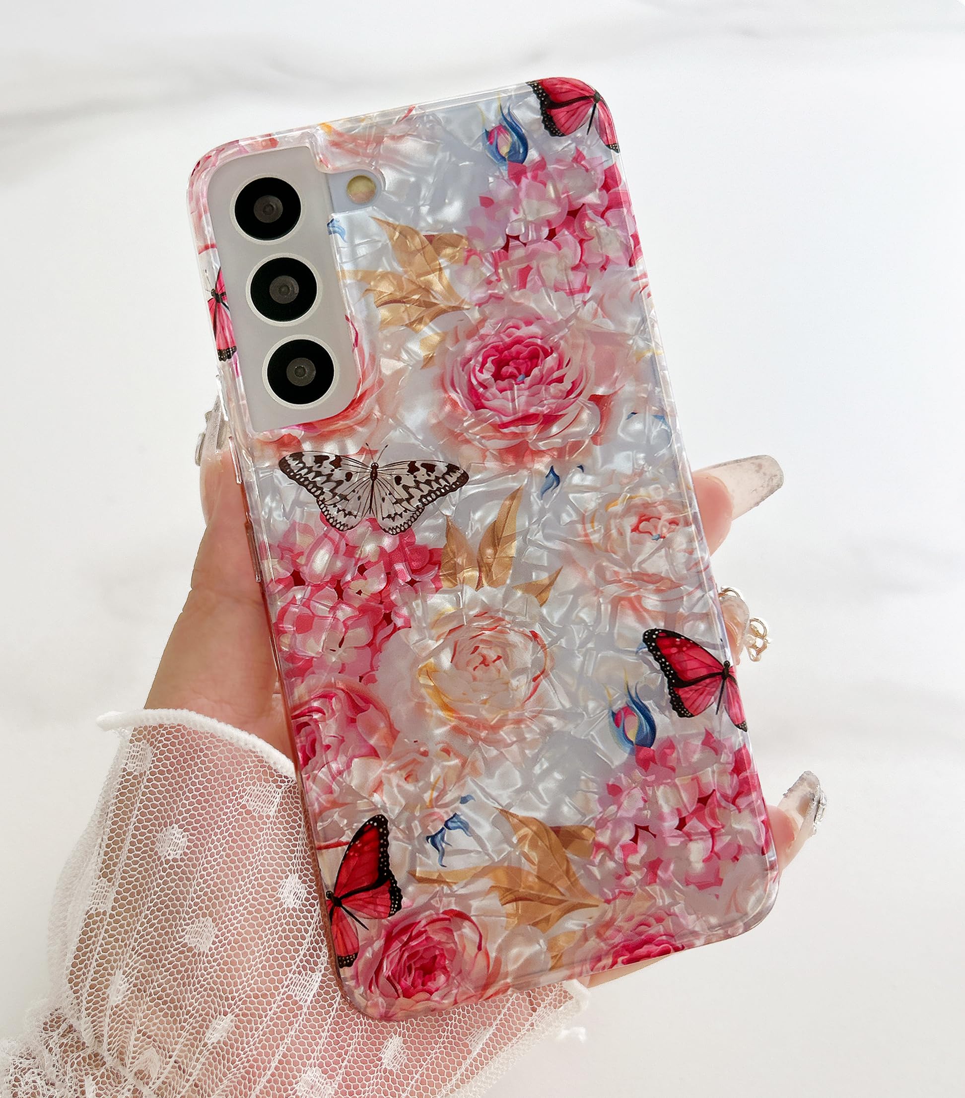 for Galaxy S22 5G Case 6.1",Cute Crystal Clear Floral Shell Pattern Design for G