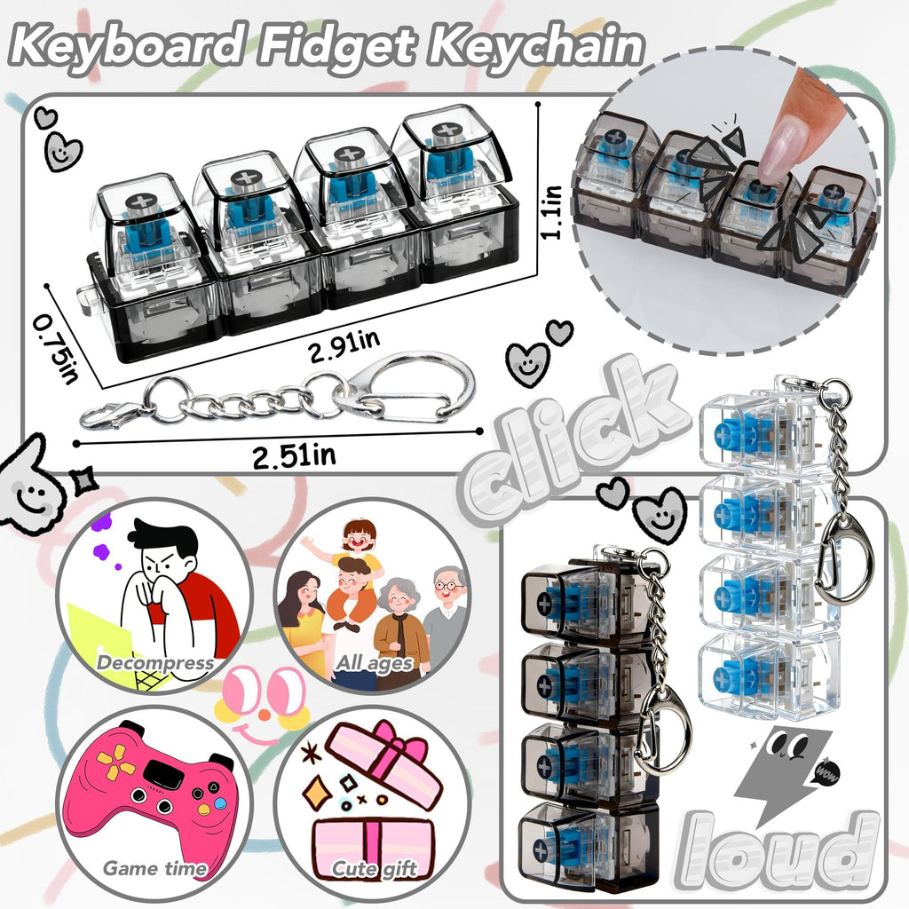 4 in 1 Keyboard Fidget Toy Keychain, Clicky Button Toy Stress Relief Keychai