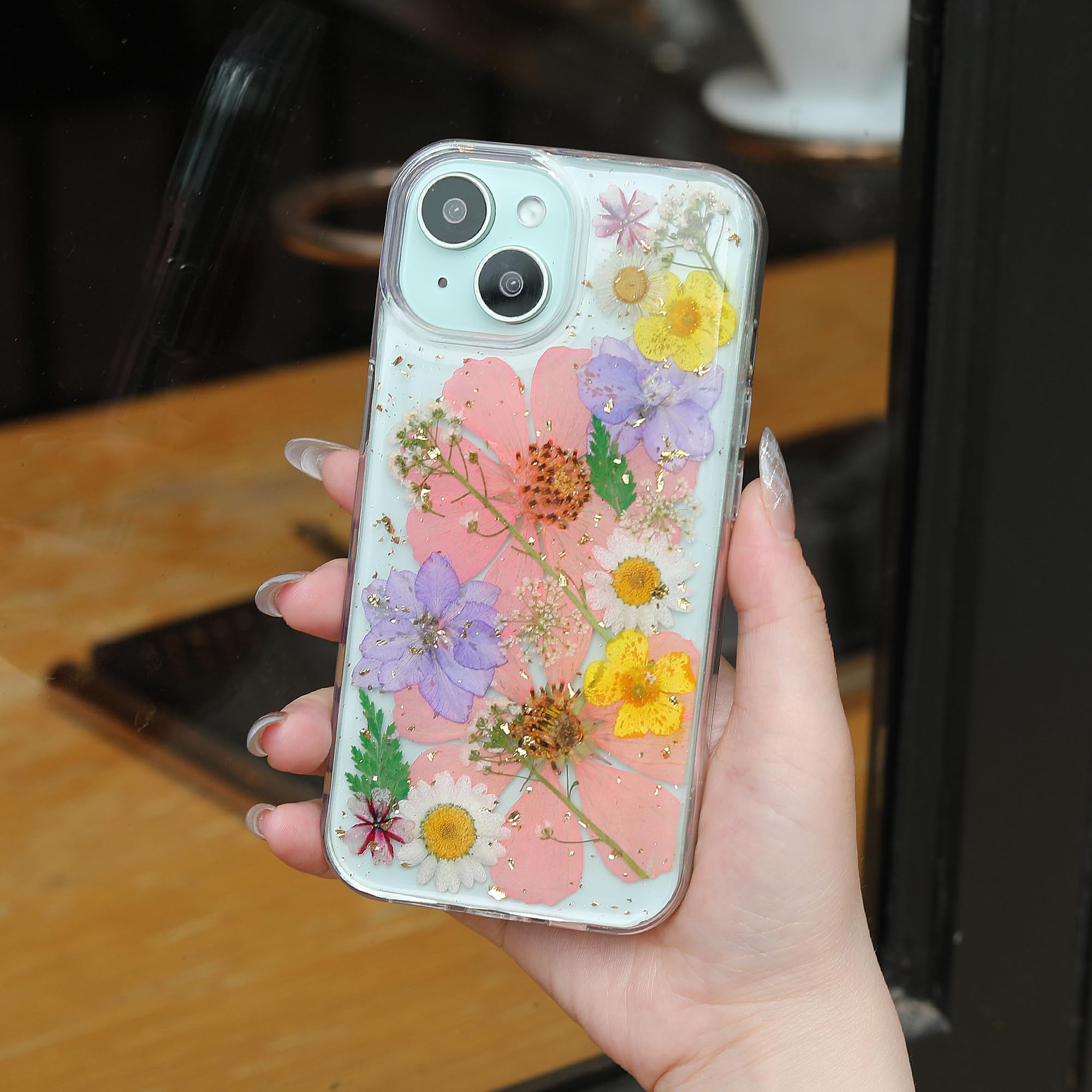 15 Plus Clear Case,Aesthetic Floral Phone Case with Pressed Real Flowers