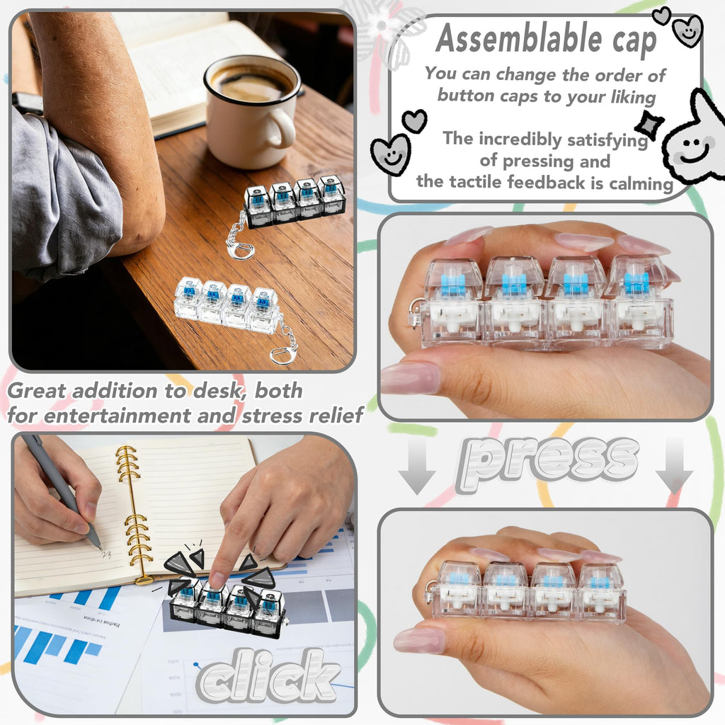 4 in 1 Keyboard Fidget Toy Keychain, Clicky Button Toy Stress Relief Keychai
