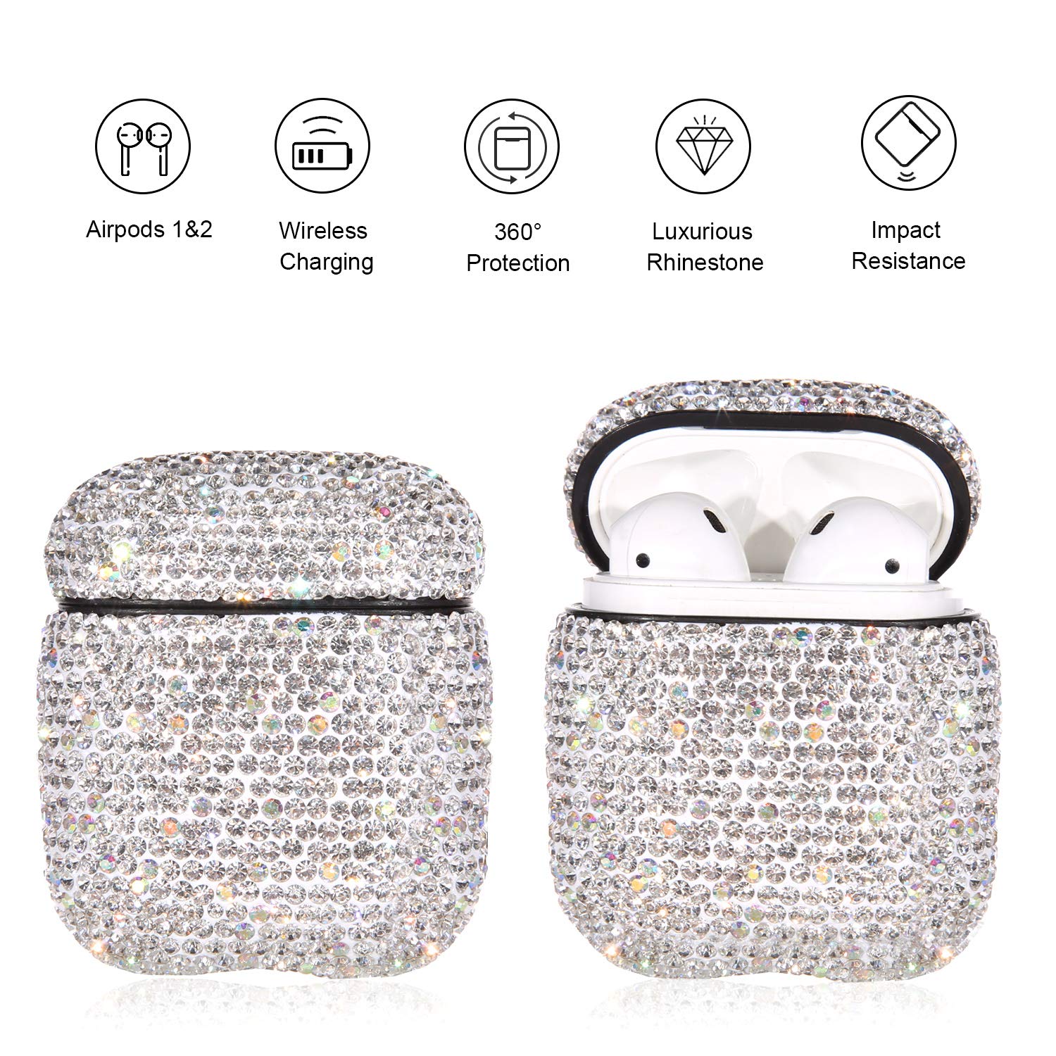 Case For Airpods With Keychain, Shockproof Protective Premium Bling Rhinestone C