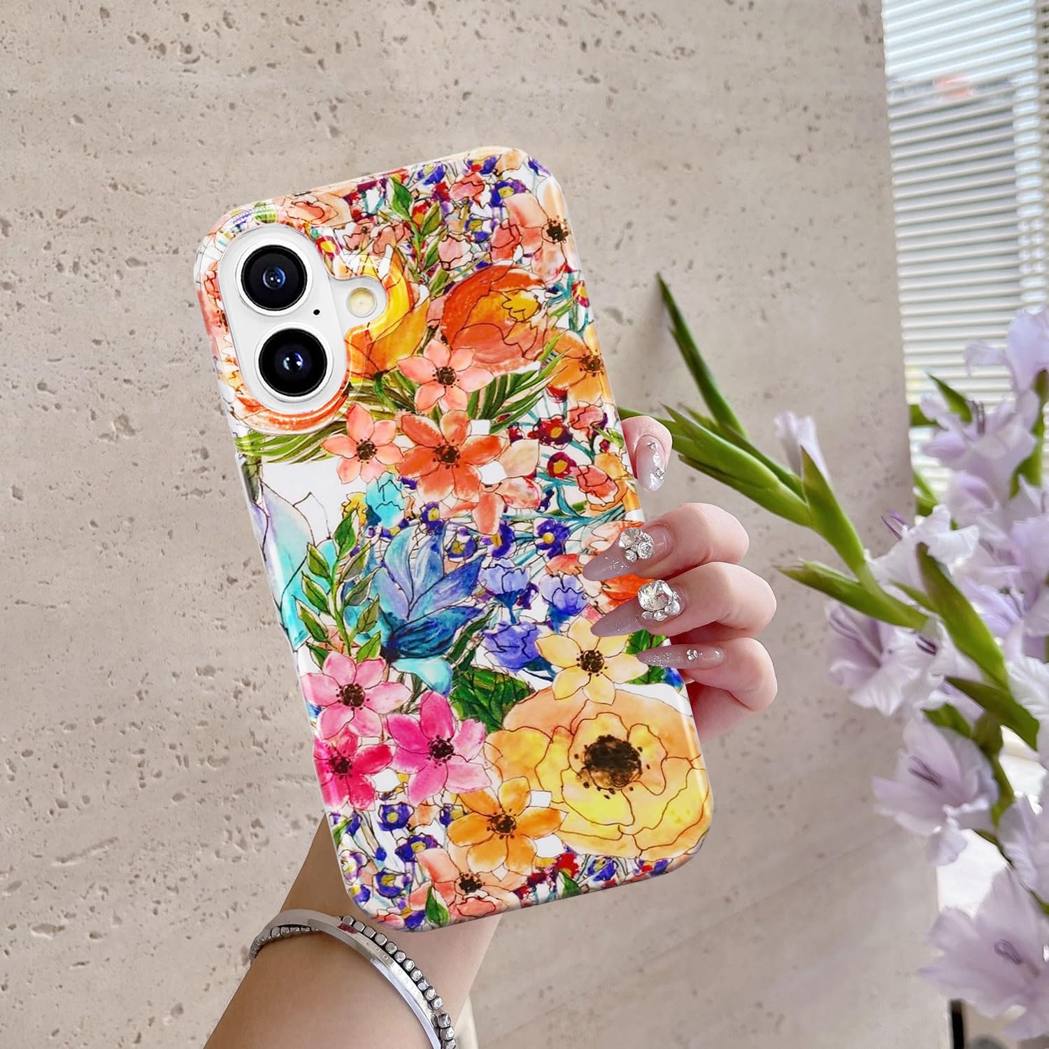 for iPhone 16 Case for Women, Cute Floral Print Girly Design Kawaii C
