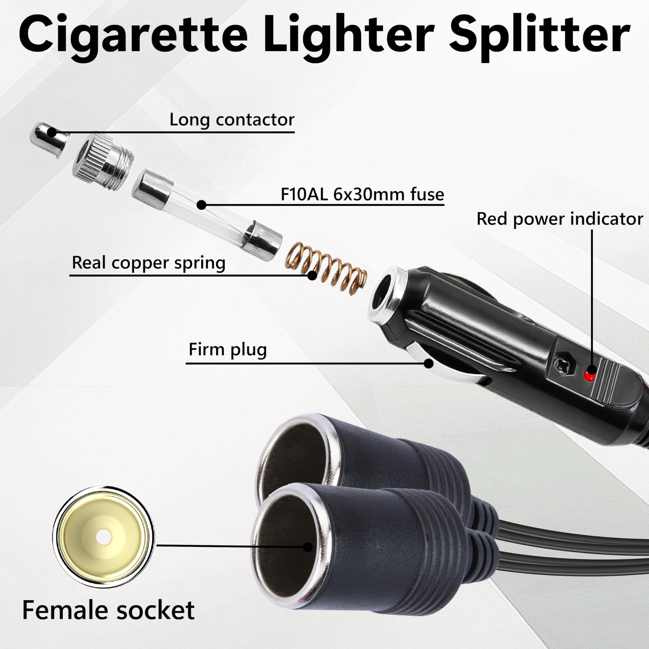 Cigarette Lighter Adapter, 1 To 2 Car Cigarette Lighters Splitter 2 Socket, 18Aw