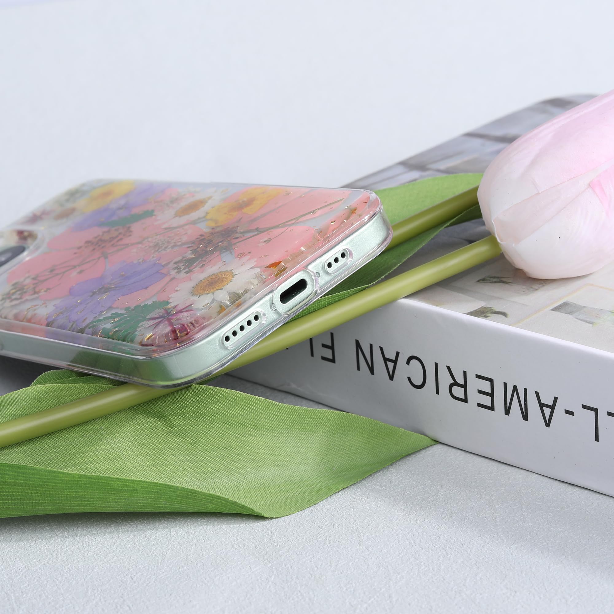 15 Plus Clear Case,Aesthetic Floral Phone Case with Pressed Real Flowers