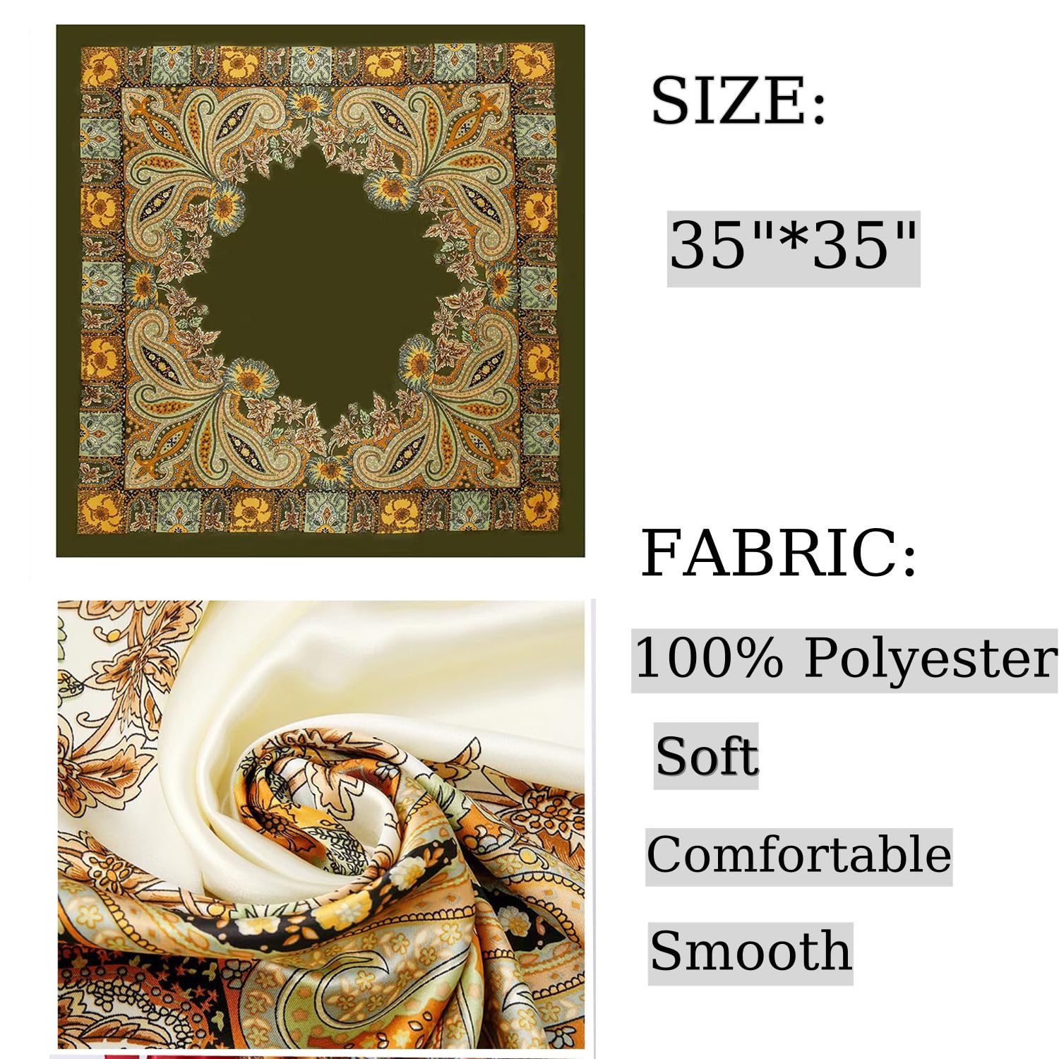 Square Head Satin Scarf Silk Feeling Hair Scarf 35" Head Scarves Bandana f