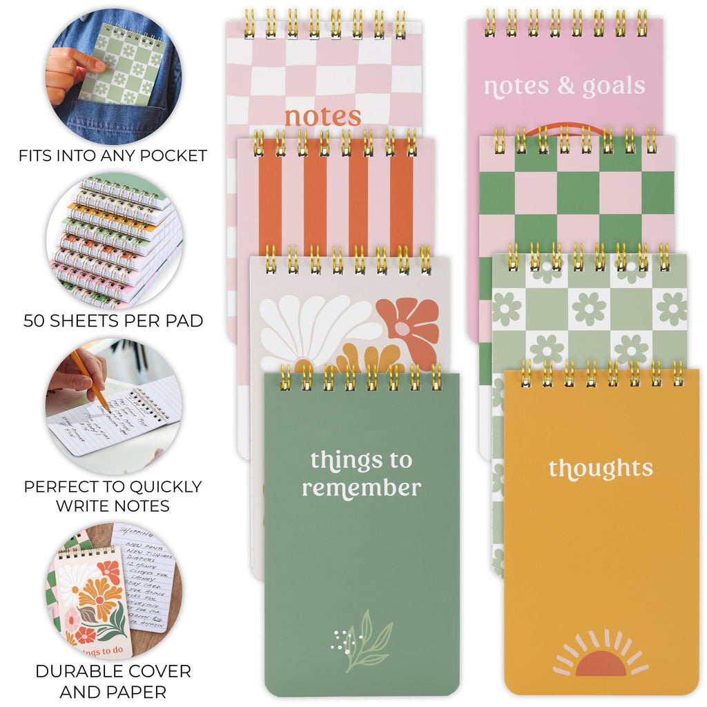 Pocket Notebooks Set Of 8 - Small 3x5 Spiral Notepads With Lined Pages