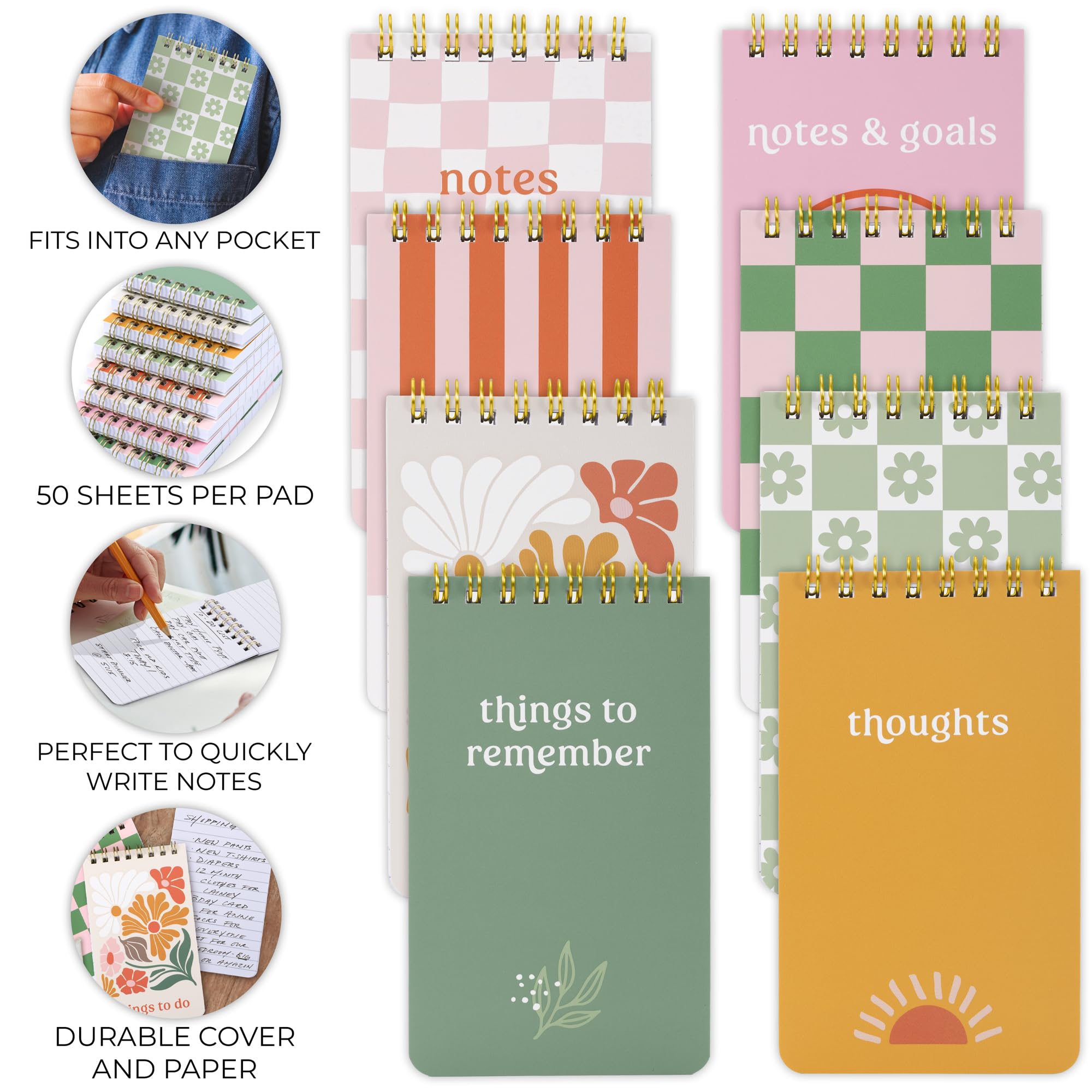 Pocket Notebooks Set Of 8 - Small 3x5 Spiral Notepads With Lined Pages