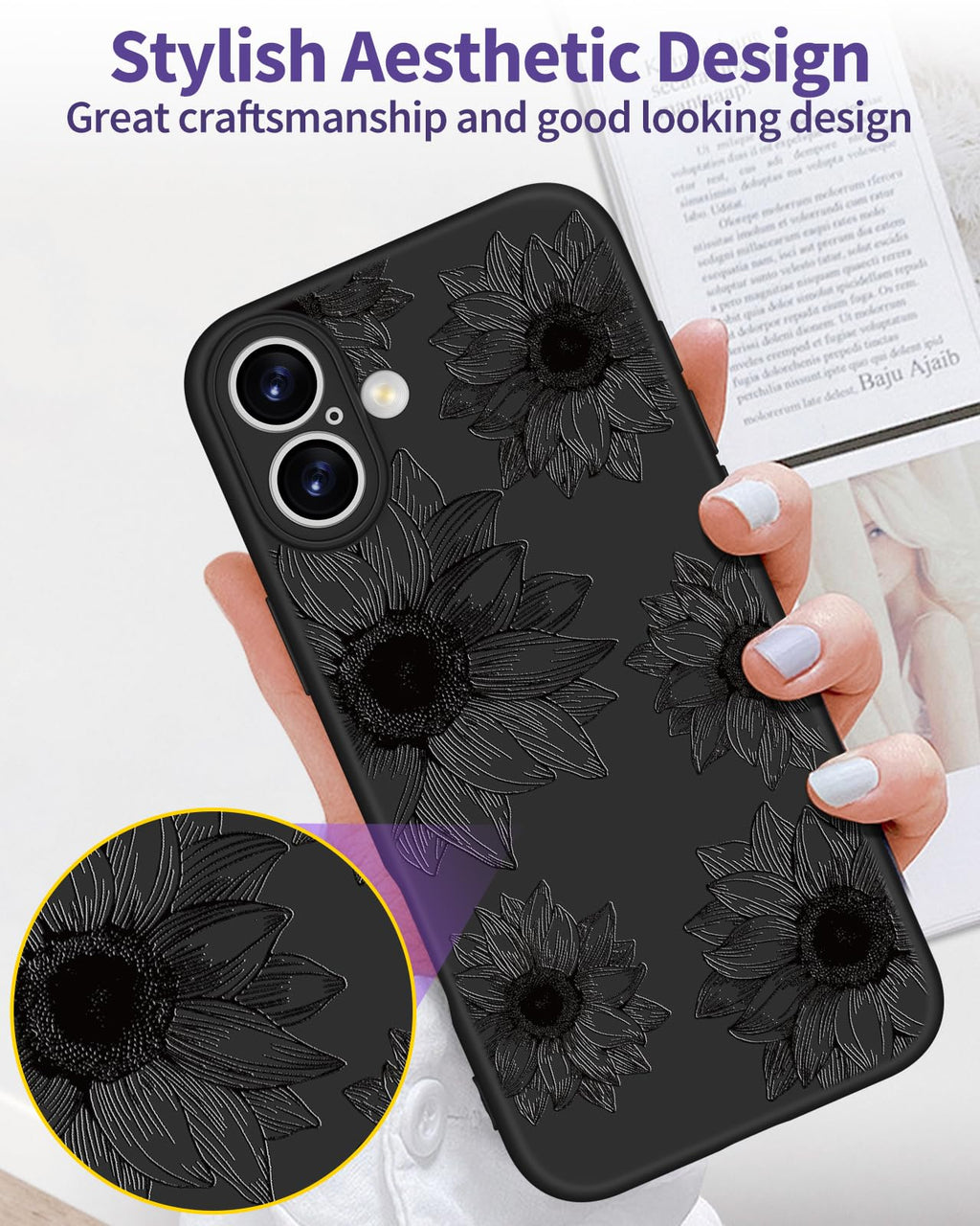 iPhone 16 Case 6.1 Inch - Women Girls Sunflower Cute Black Frosted Slim Fit
