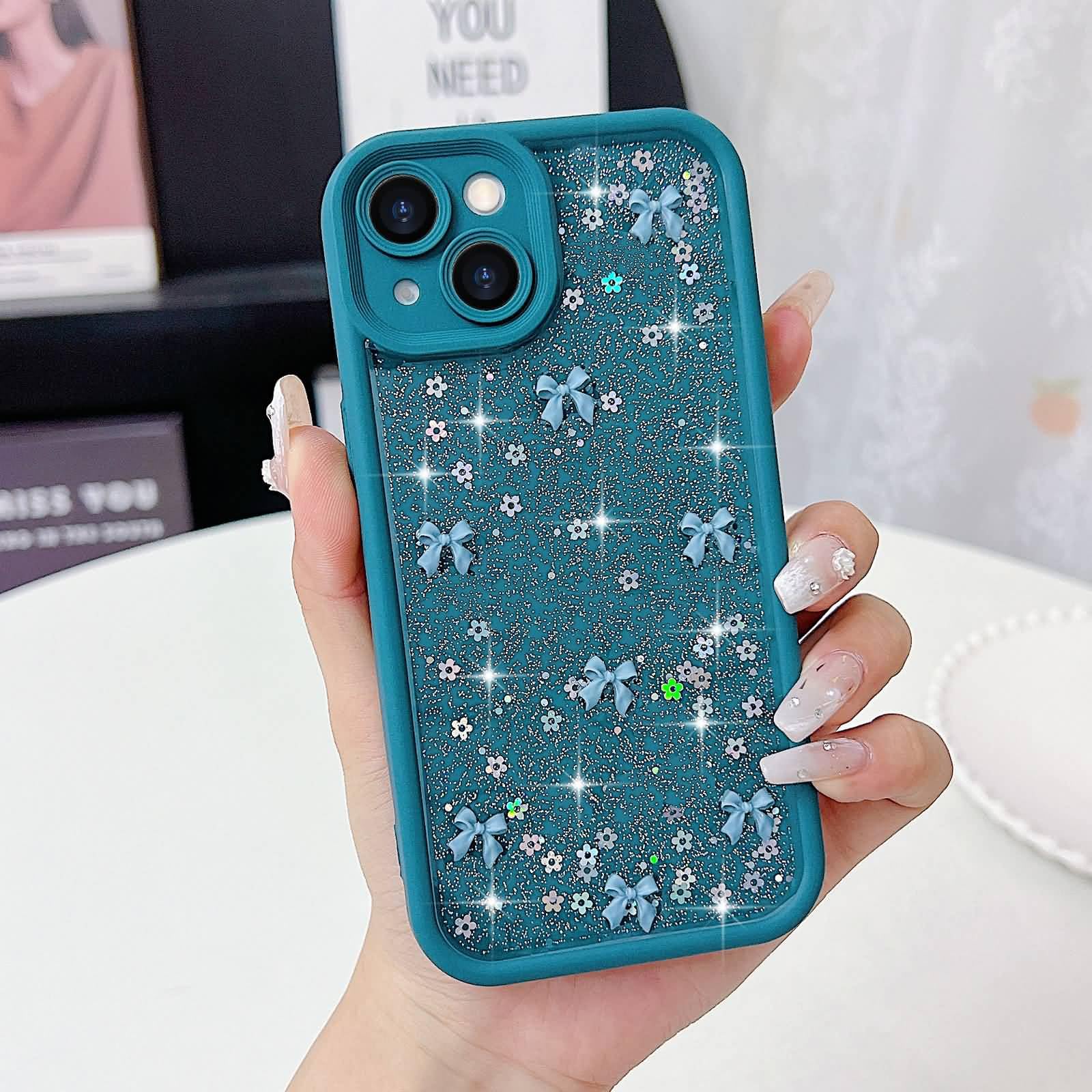15 Case, Cute for Women Girls Ribbon Bow Pattern Glitter Aesthetic Sh