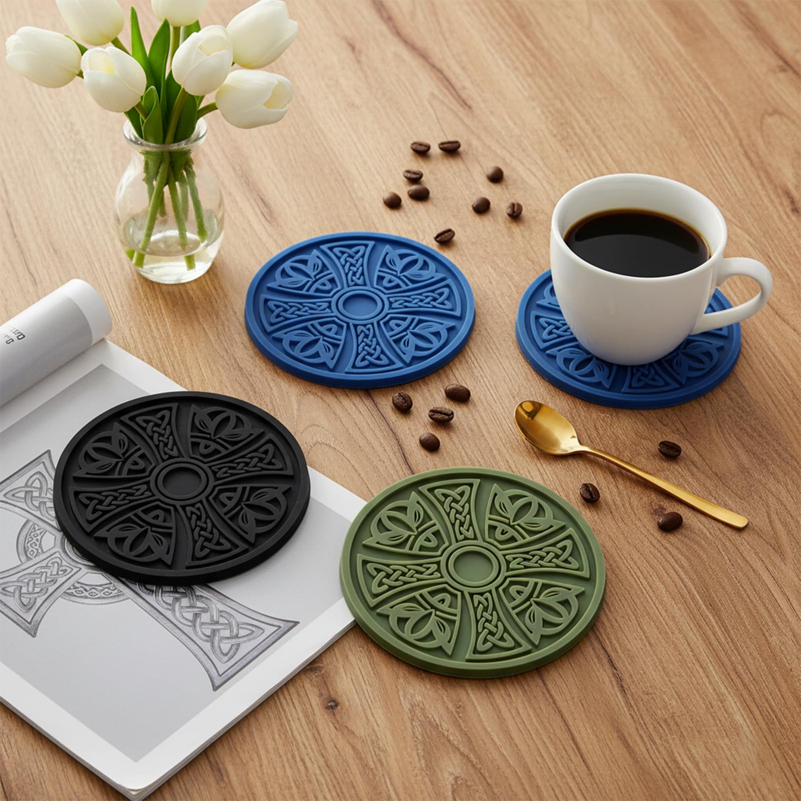 Coasters 6 Pack with Holder — Thickened Non-Slip Cross Pattern Drink Mats for Co