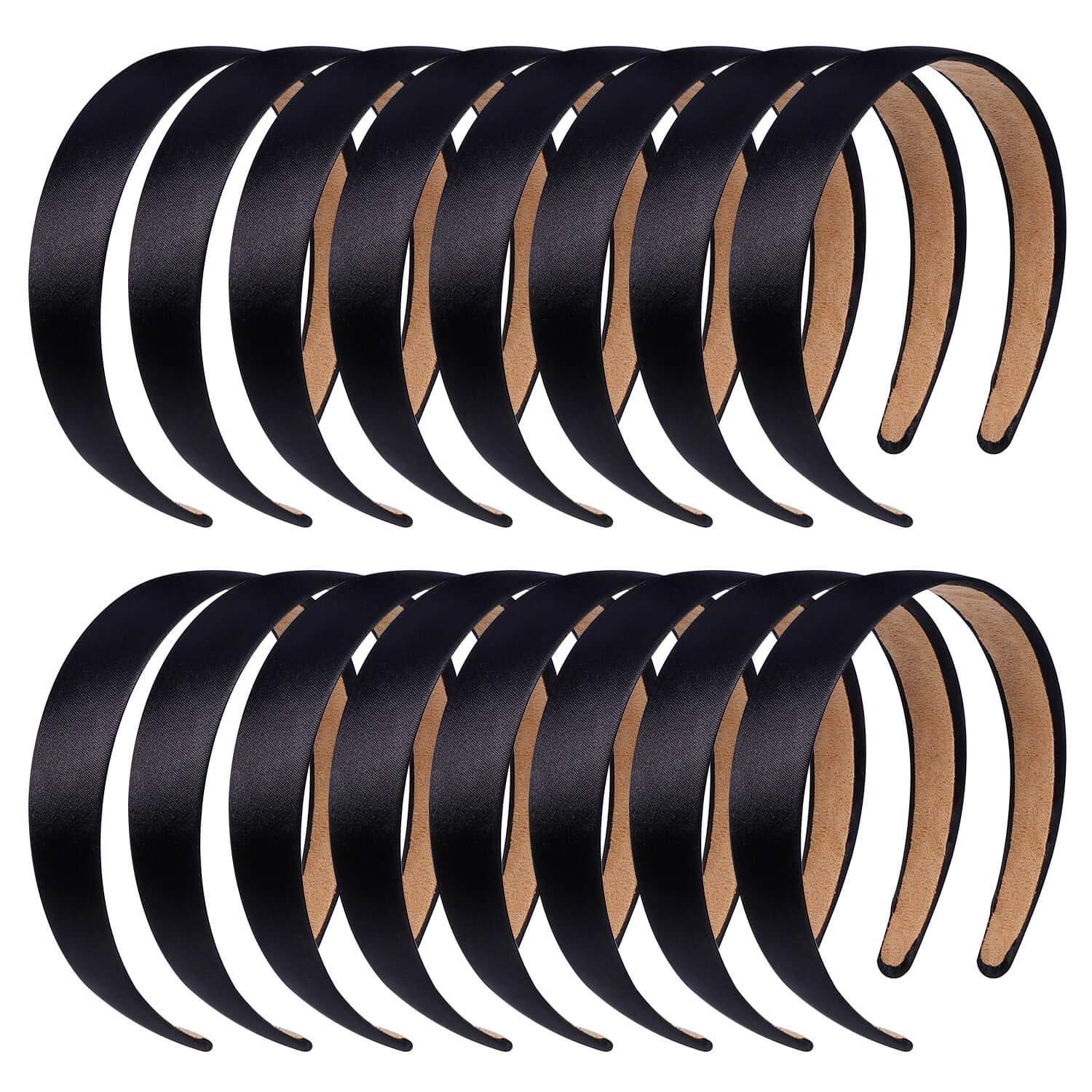 16 Pcs Satin Headbands Bulk 1 Inch Anti-slip Black Ribbon Hair Bands Plain Hard