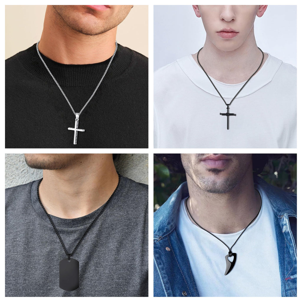 8 Pcs Necklace for Men, Mens Necklaces Jewelry Set, Black and Silver Stainless S