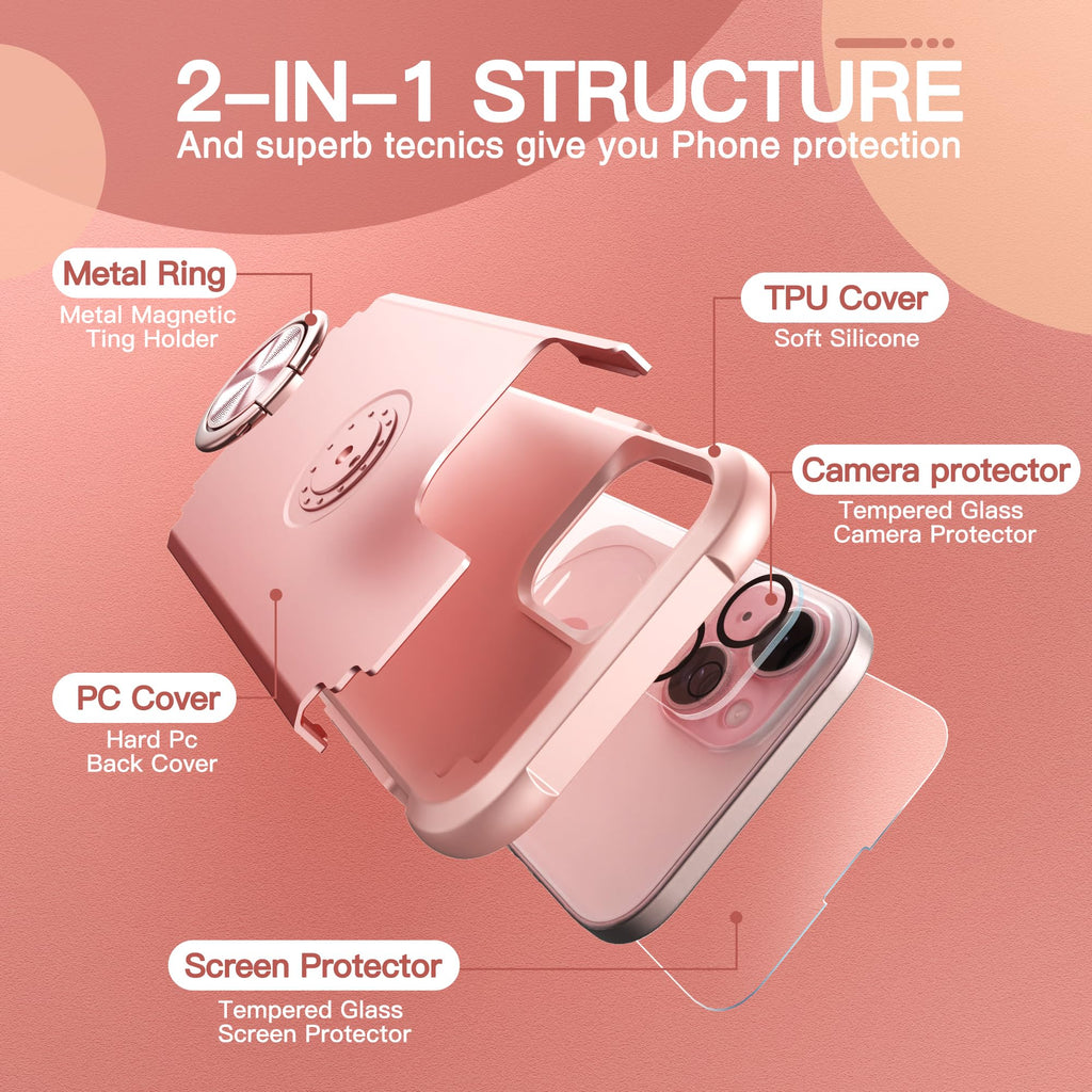 iPhone 14 Case with Screen Protector + 360°Ring Holder Stand + Camera Lens P