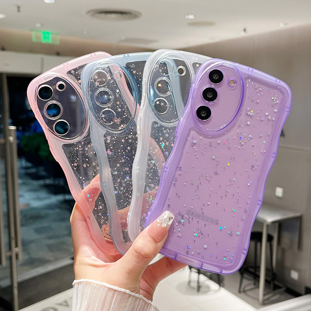 for Samsung Galaxy S23 5G Case 6.1",Cute Curly Wave Case with Star Glitter,Clear