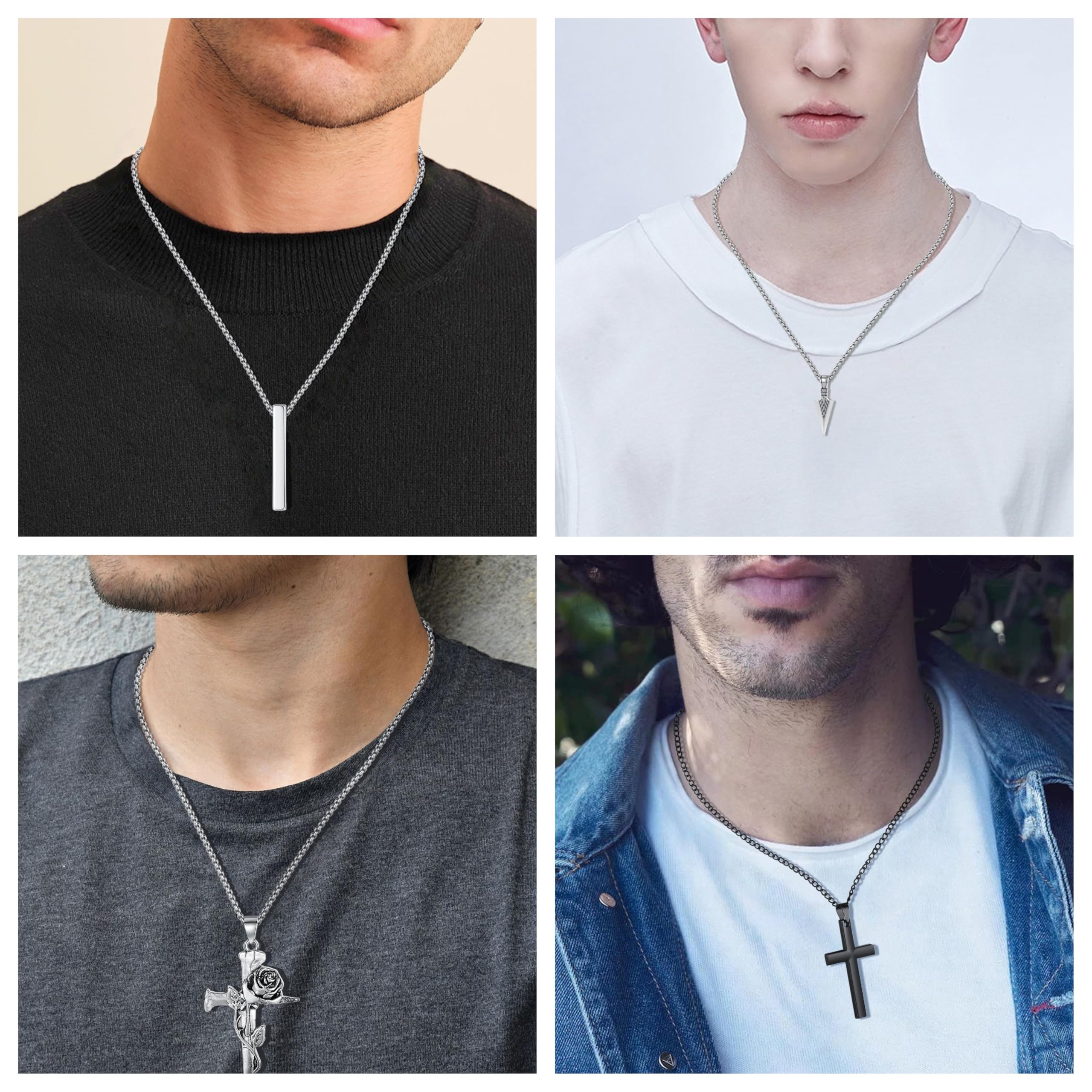 8 Pcs Necklace for Men, Mens Necklaces Jewelry Set, Black and Silver Stainless S