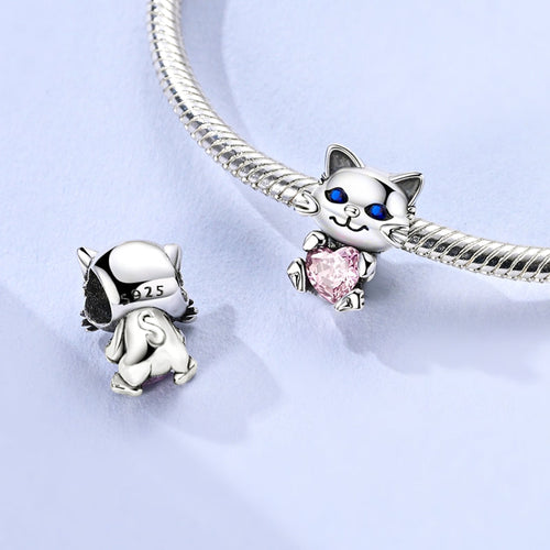 Cat Hugging Pink Heart Charm
