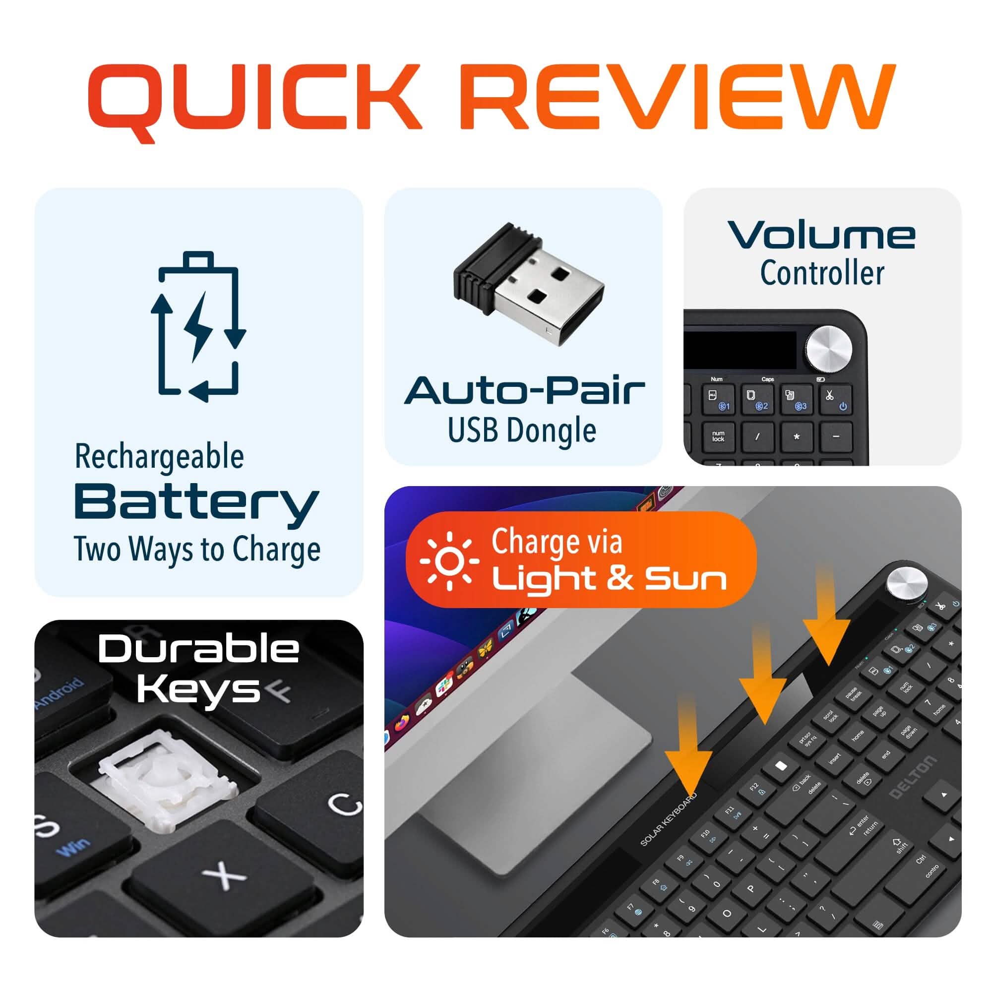 Delton KB90 Wireless Solar Keyboard, Rechargeable Wireless Keyboard with Quiet Keys, Solar Recharging Keyboard, Bluetooth Keyboard for Computer /Desktop /PC /Laptop /Windows.
