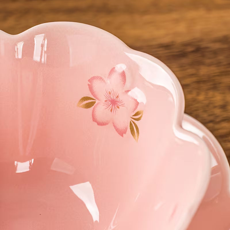 5-Inch Cherry Blossom Ceramic Salad Bowl Set with Plate and Spoon Pink